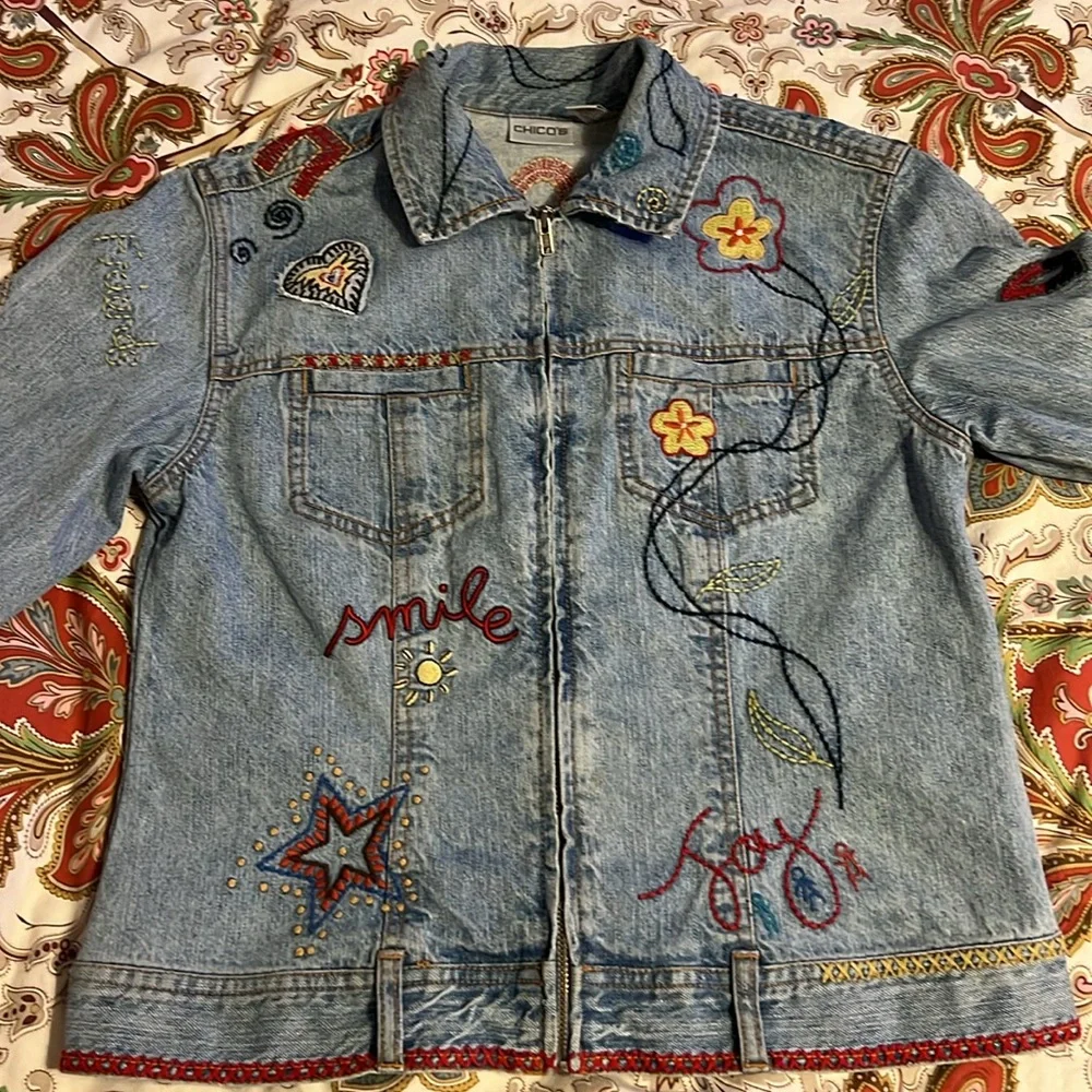 CHICO’S Denim Jean Jacket Love Dream Peace - Picture 6 of 10
